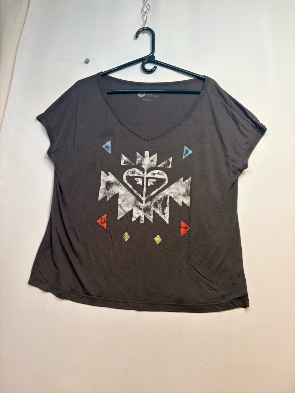 Women’s Dark Gray V-Neck Graphic Shirt with Colorful Tribal Print